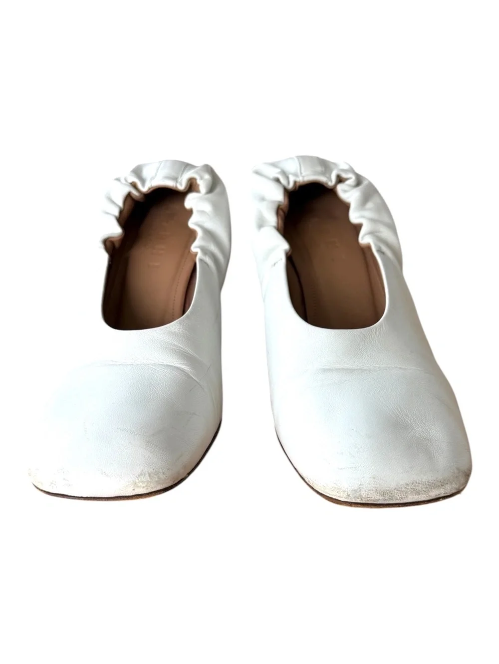 Marni White Leather Ruched Square-Toe Block Heel Pumps Glove Ballerina - Size 37